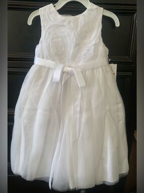 White Floral Rosette Tulle Dress with Satin Bow for Girls